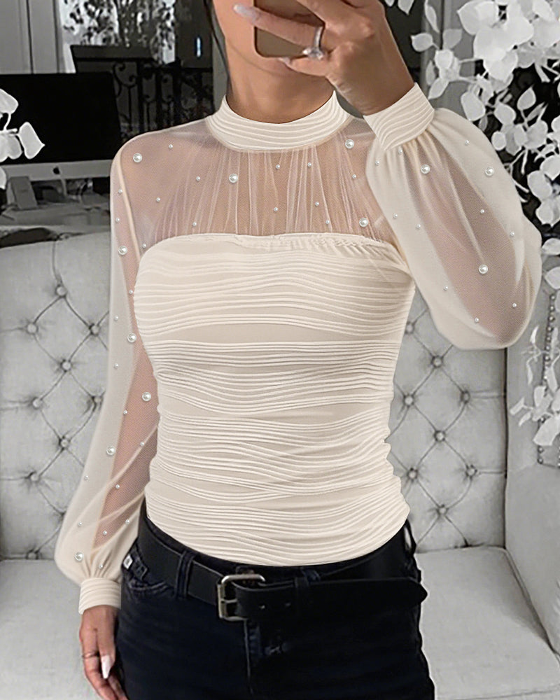 Pearl-Embellished Mesh-Inset Ruched Tee with Open-Back Detail
