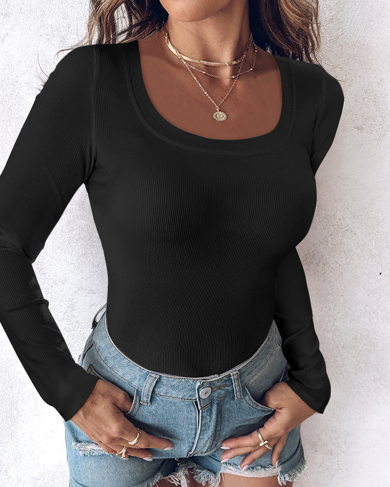 U-Neck Long Sleeve Ribbed Top with Built-In Bra