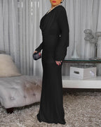 Padded Shoulder Cowl Neck Ruched Backless Maxi Dress