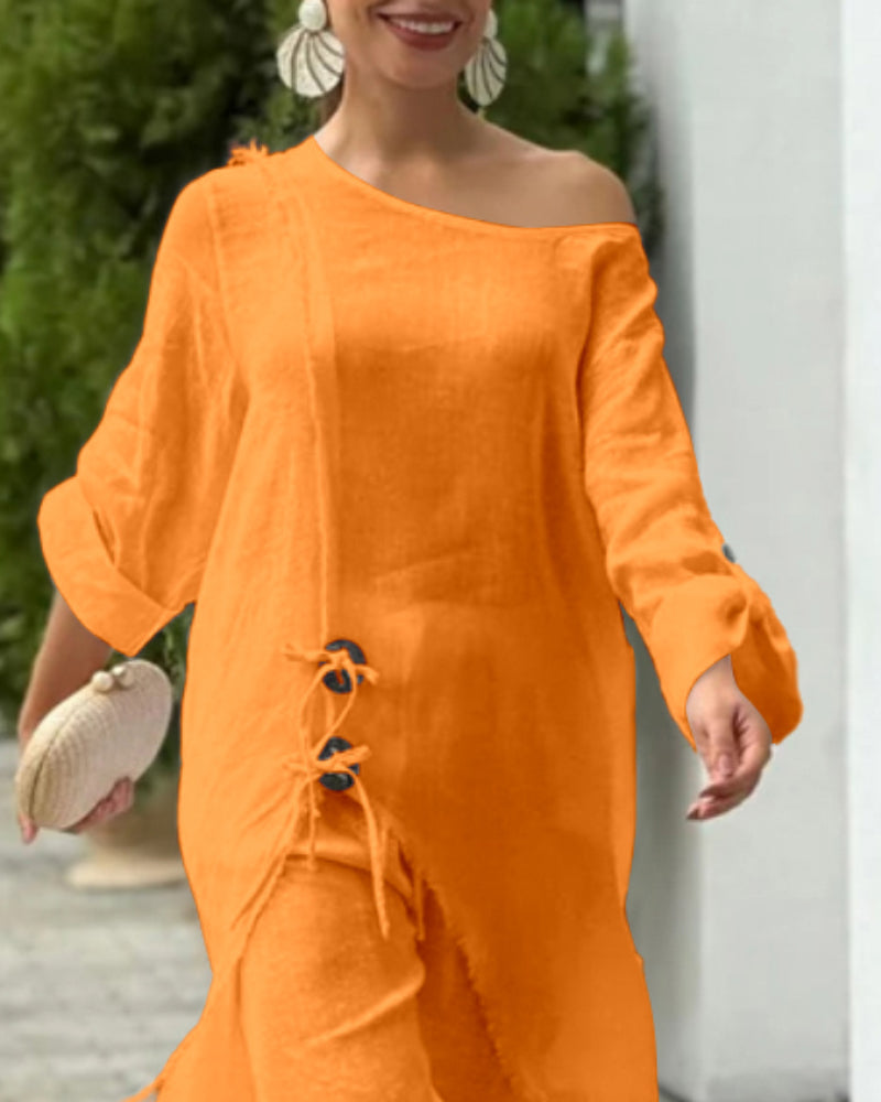 One-Shoulder Top with Coordinating Wide-Leg Pants Set