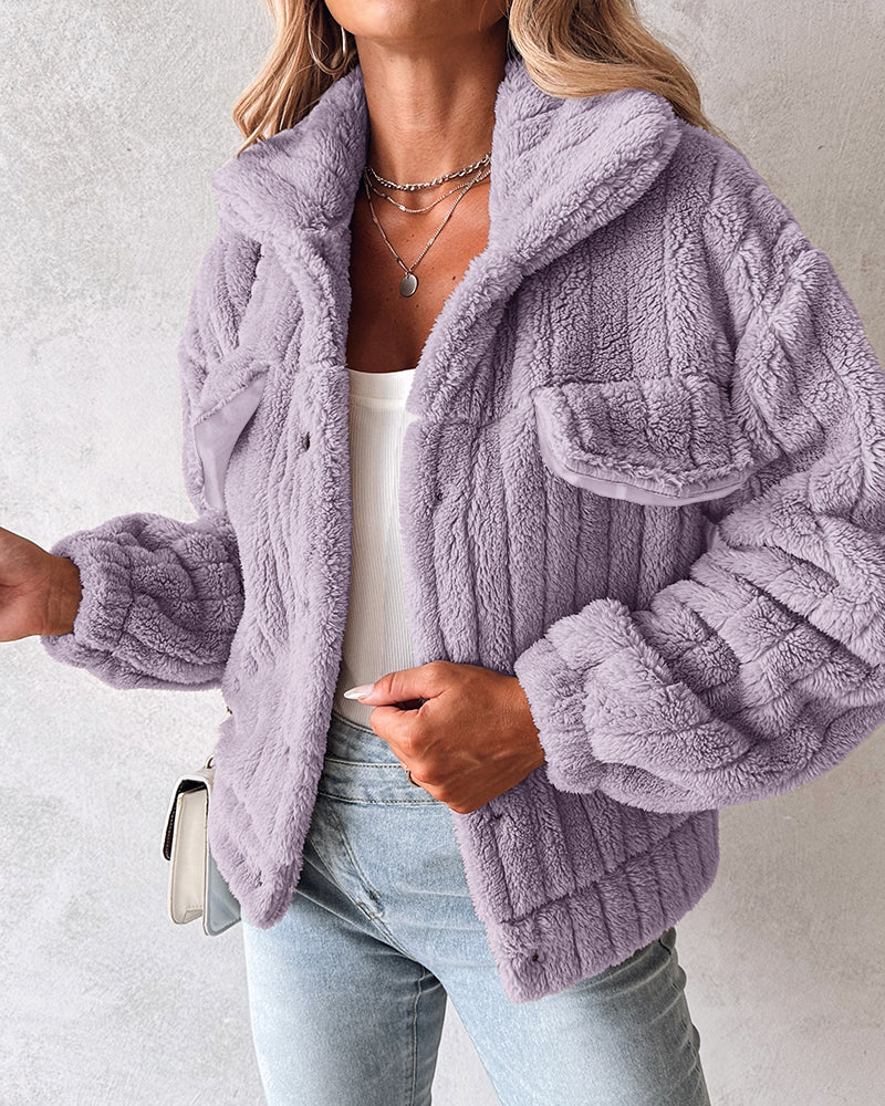 Striped Teddy Fleece Jacket with Buttons and Flap Pockets