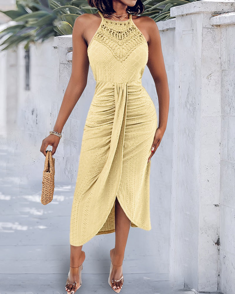 Ruched Halter Dress with Lace Yoke and Adjustable Neckline