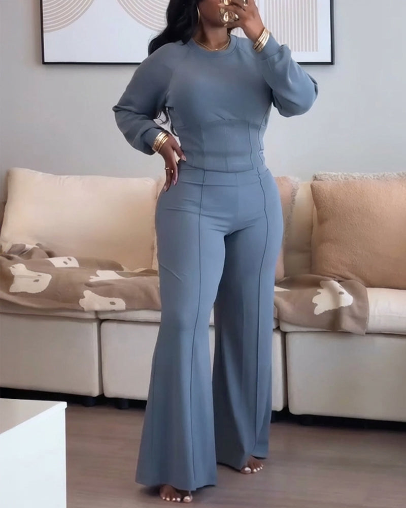 2-Piece O-Neck Sweatshirt and Wide-Leg Pants Set with Cinched Waist