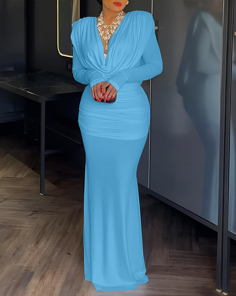 Padded Shoulder Cowl Neck Ruched Backless Maxi Dress