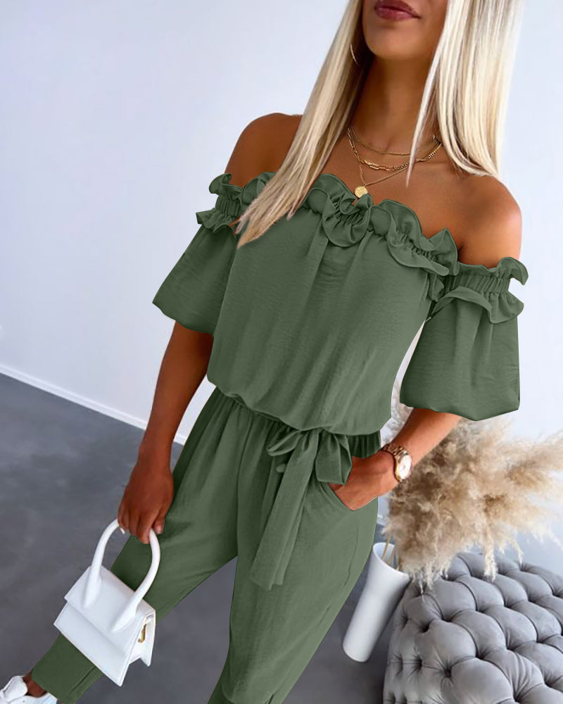 Off-Shoulder Frill Trim Textured Jumpsuit with Tie Waist