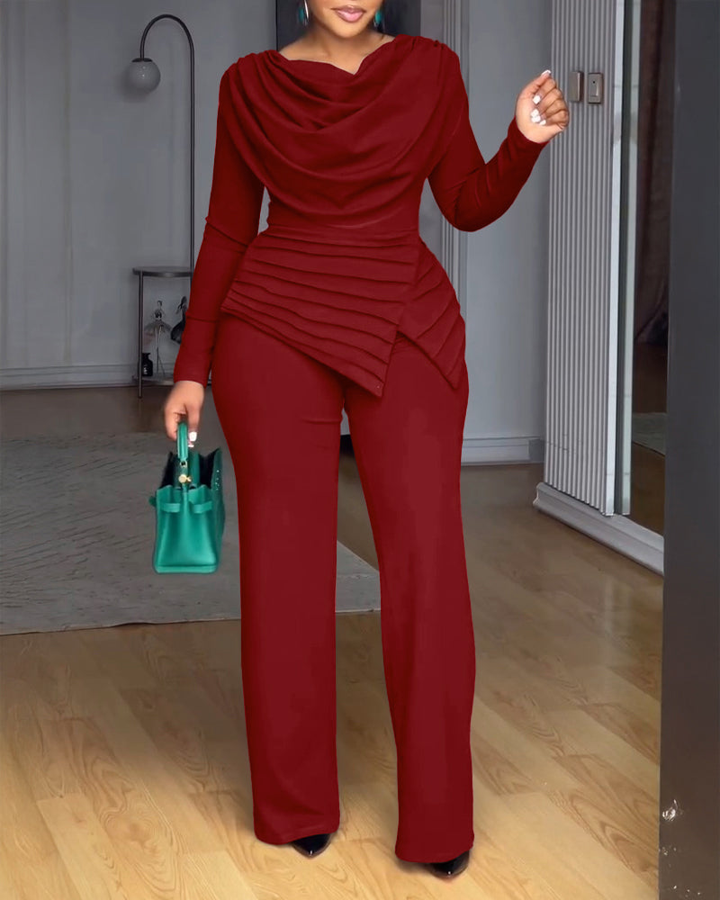 Cowl Neck Asymmetrical Cinched Waist Wide Leg Zippered Jumpsuit