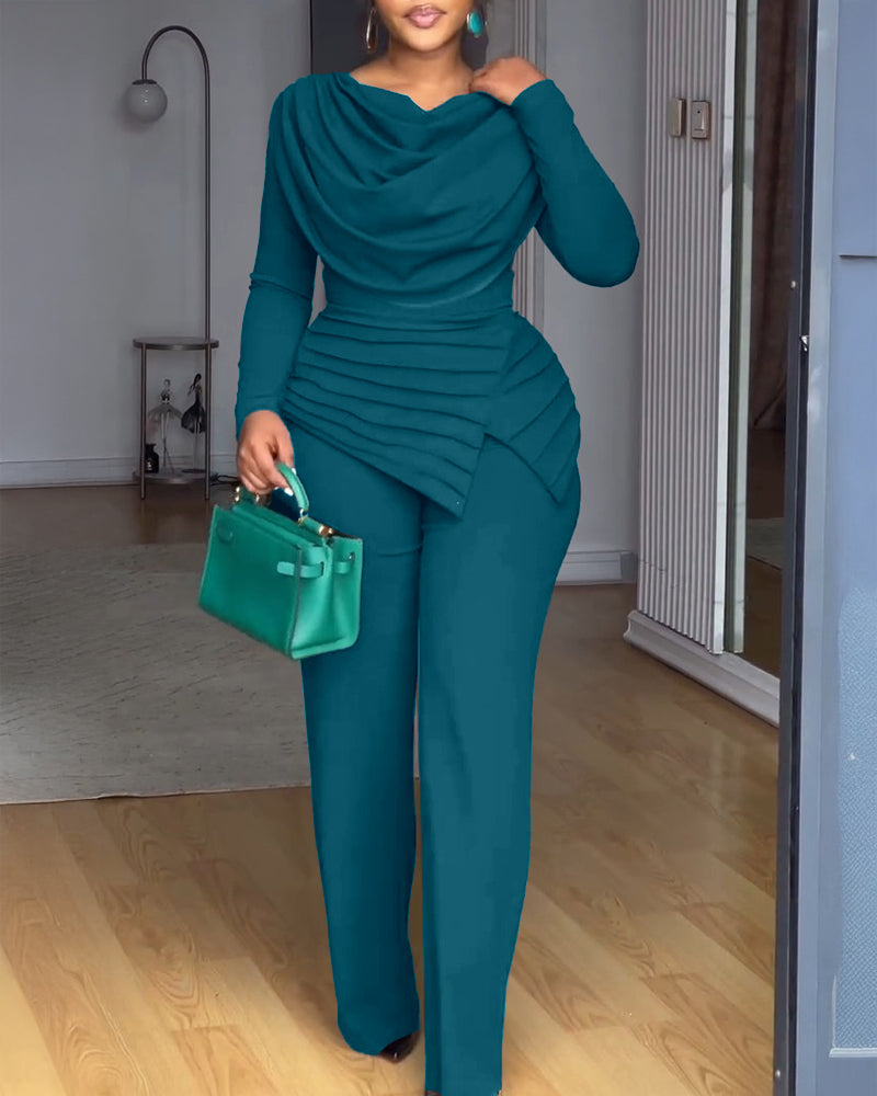 Cowl Neck Asymmetrical Cinched Waist Wide Leg Zippered Jumpsuit