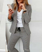 2-Piece Plaid Blazer with Notched Collar and Drawstring Pants Set