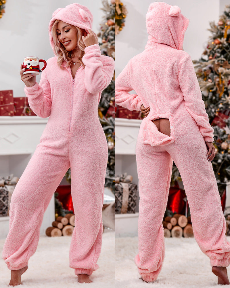 3D Ear-Buttoned Fluffy Lounge Jumpsuit with Practical Features