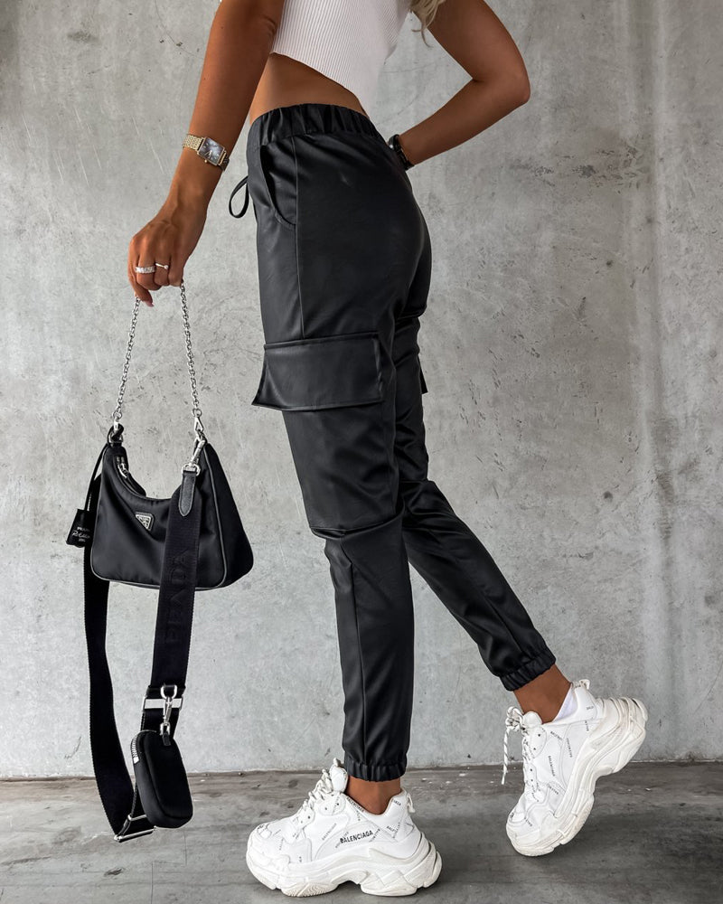 Drawstring PU Leather Pants with Elastic Waist, Cuffs, and Pocket