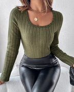 Fleece-Lined U-Neck Long Sleeve Ribbed Thermal Tee, No Padding