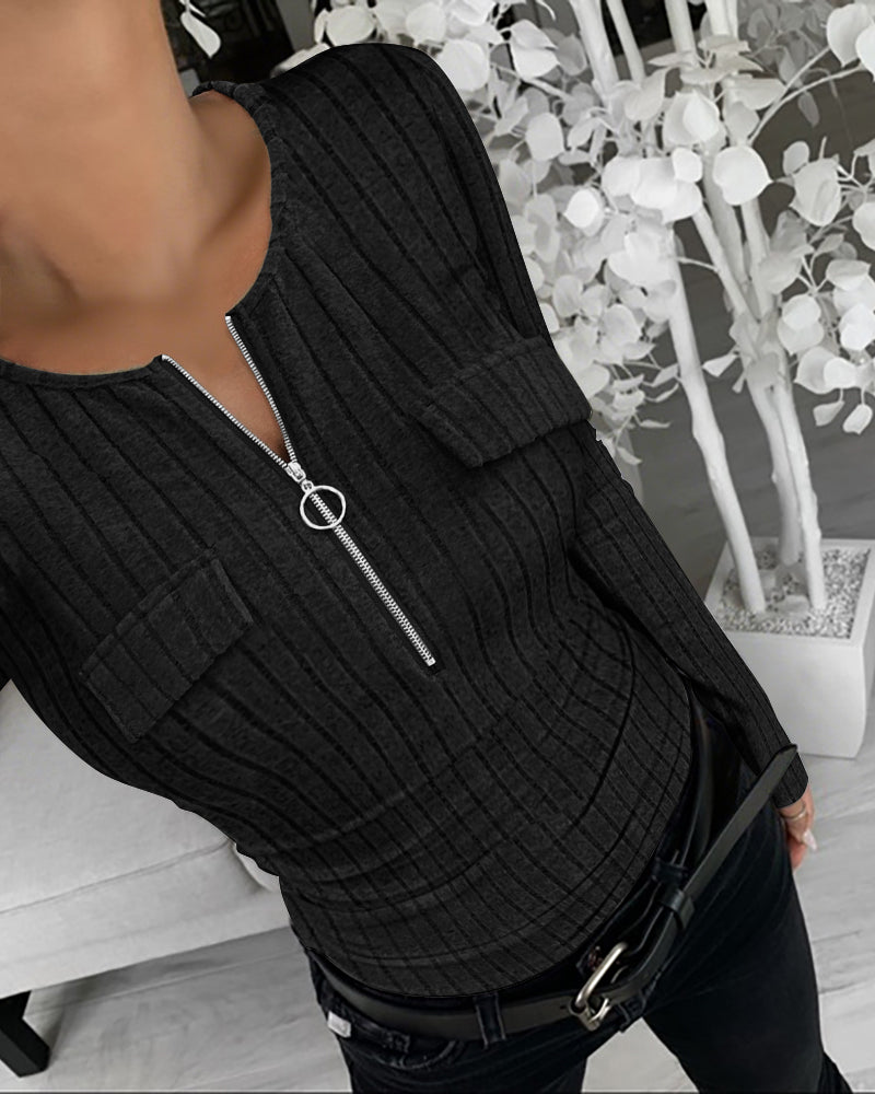 Long Sleeve Half Zip Ribbed Tee with Flap Detail