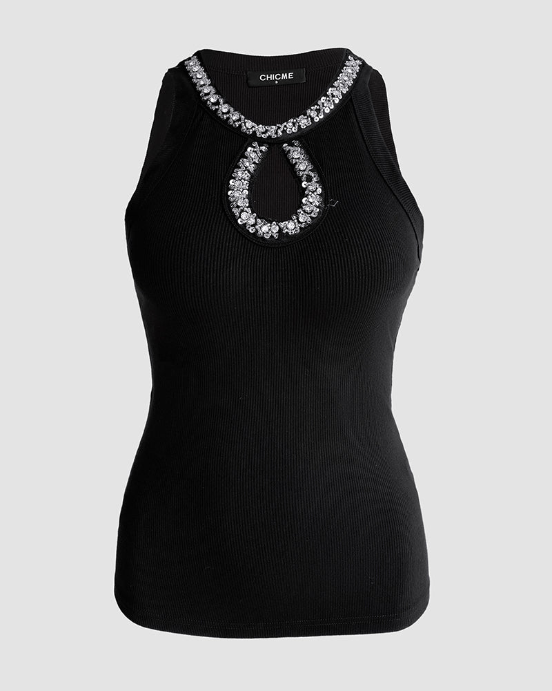 Rhinestone-Embellished Tank with Keyhole Neck and Sequin Details