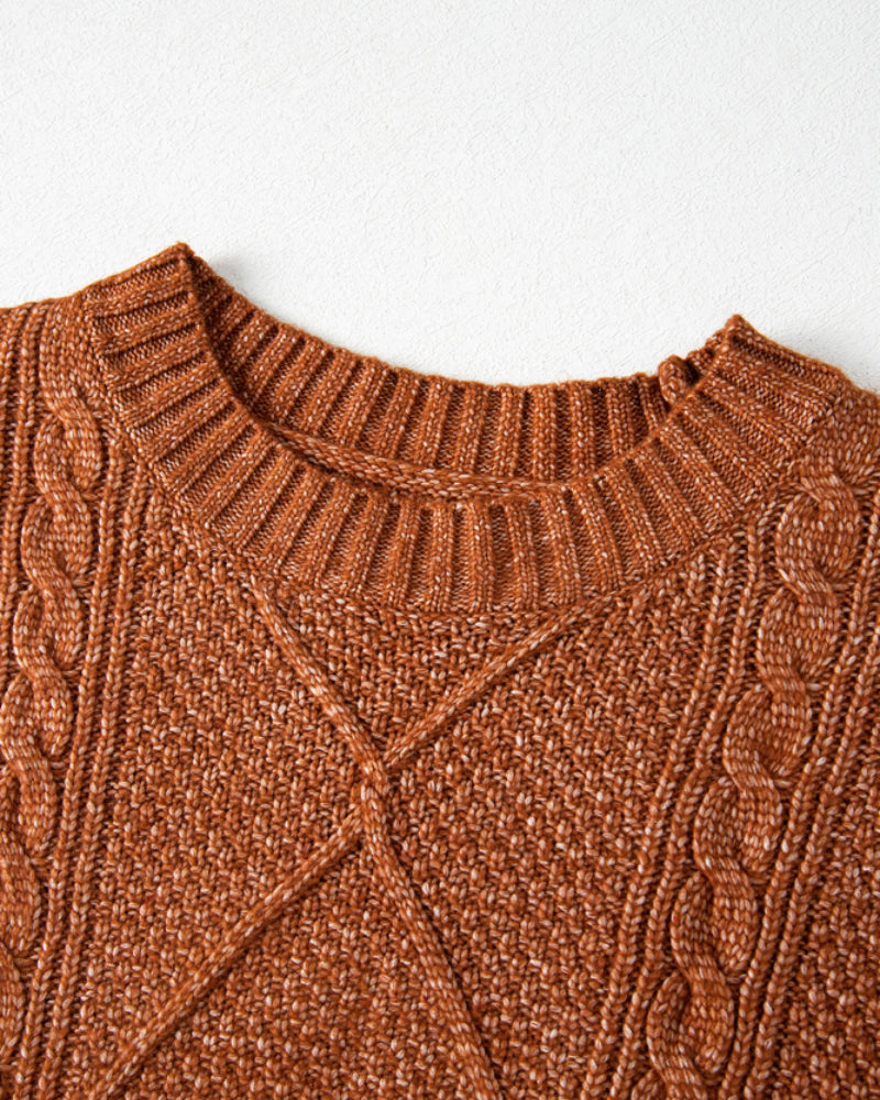 Casual Mid-Length Cable Knit Drop Shoulder Pullover Sweater