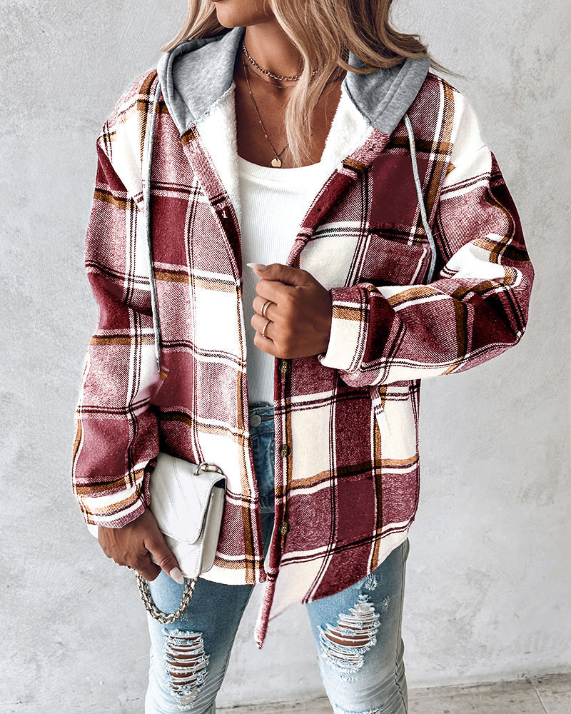 Hooded Plaid Shacket with Long Sleeves and Fleece Lining