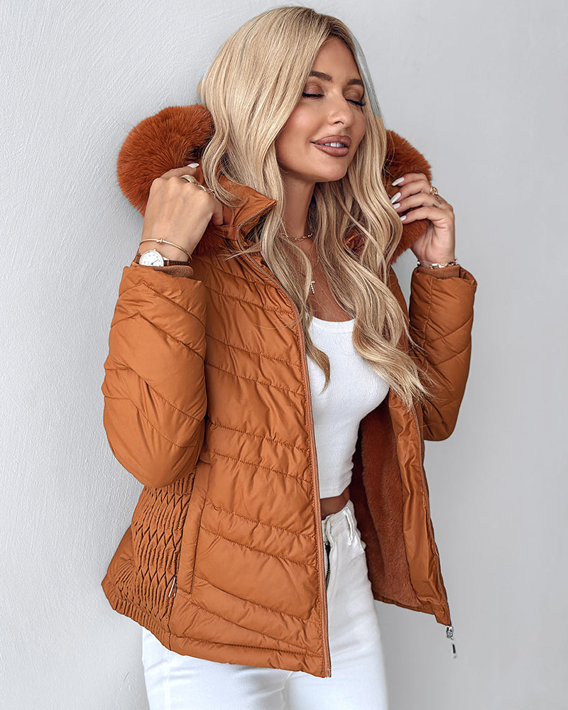 Fuzzy Trim Hooded Puffer Jacket with Shirred Zipper Pockets