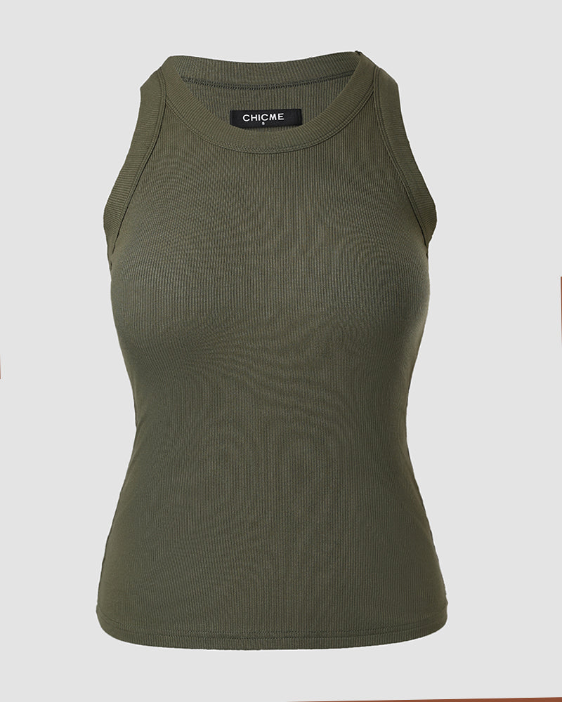 Round Neck Ribbed Tank Top with Integrated Bra
