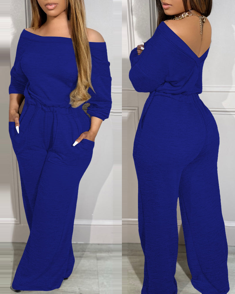 Off-Shoulder Jumpsuit with Elastic Waist, Pockets, and V-Back Design