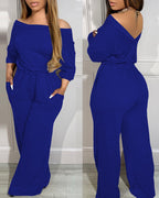 Off-Shoulder Jumpsuit with Elastic Waist, Pockets, and V-Back Design