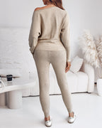 Skew Neck Pullover with High-Waist Drawstring Pants Set