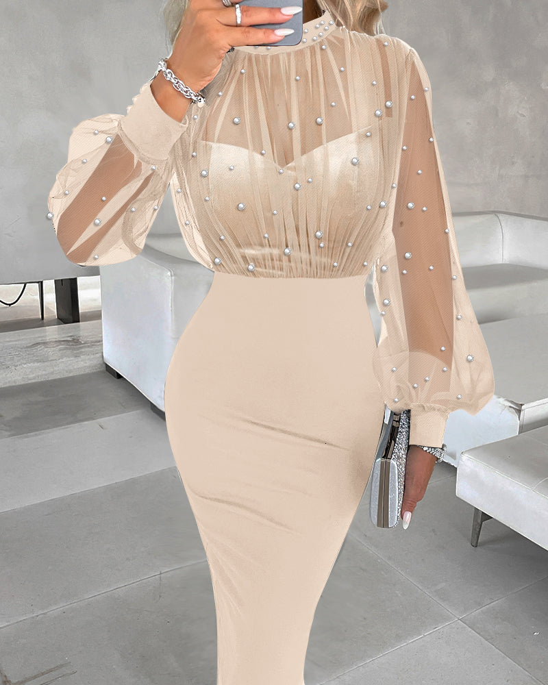 Mock Neck Beaded Mesh Bodycon Dress with Rear Zipper