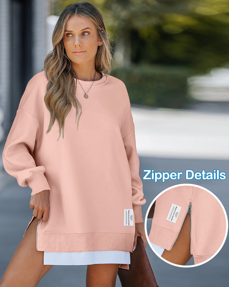 Drop Shoulder Zip-Side Long Sleeve Pullover with Slit Detail.