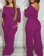 Off-Shoulder Jumpsuit with Elastic Waist, Pockets, and V-Back Design