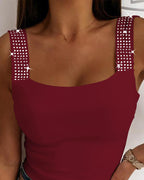 Thick Strap Tank Top with Rhinestone Embellishments
