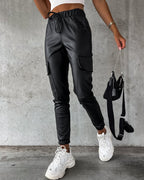Drawstring PU Leather Pants with Elastic Waist, Cuffs, and Pocket