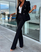 2-Piece Notched Collar Coat with Slim Fit Flared Pants Set