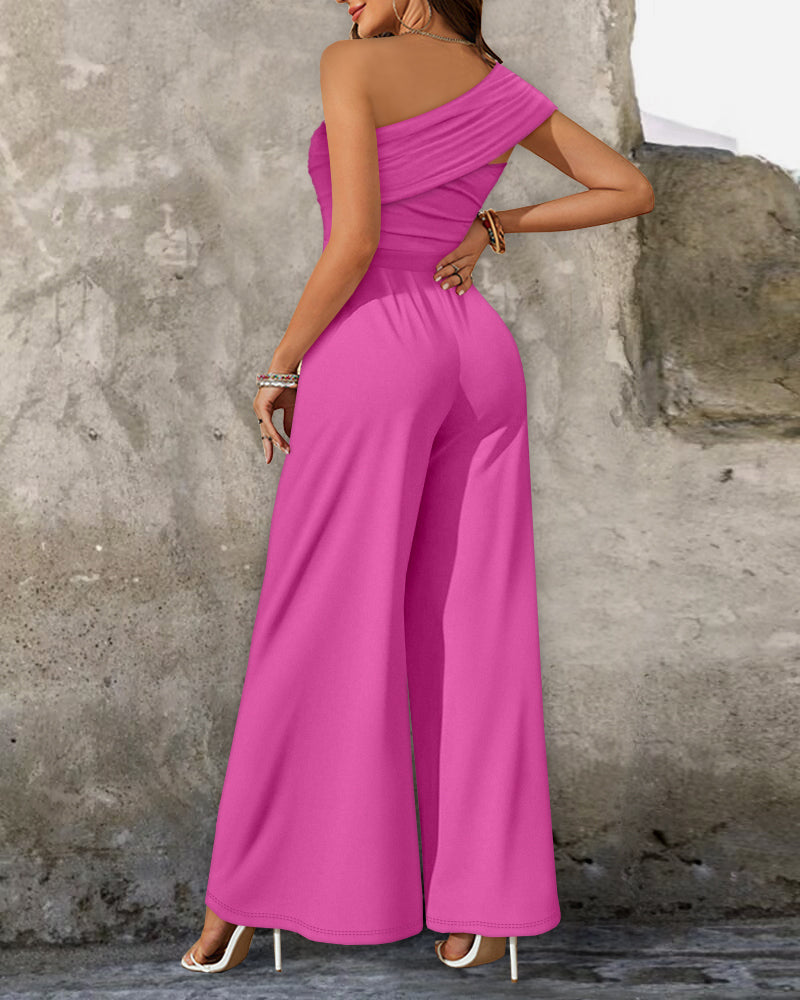 Buckled Cold Shoulder Ruched Wide-Leg Fashion Jumpsuit