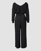 Off-Shoulder Jumpsuit with Elastic Waist, Pockets, and V-Back Design