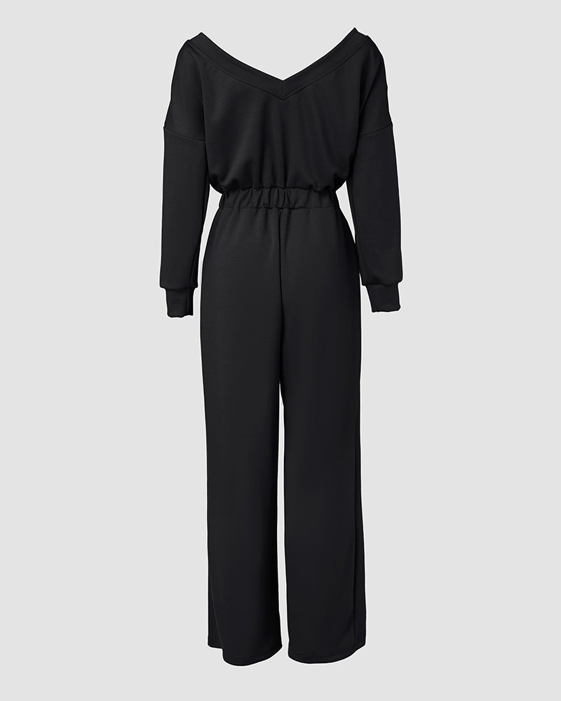Off-Shoulder Jumpsuit with Elastic Waist, Pockets, and V-Back Design