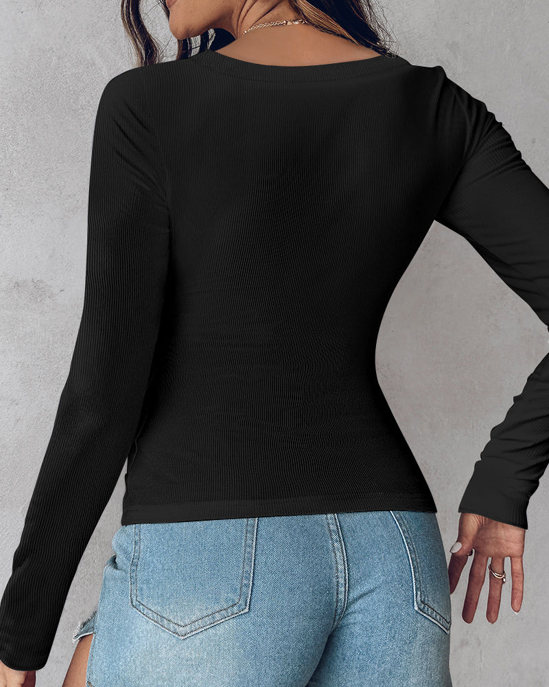 U-Neck Long-Sleeve Ribbed Top Featuring Integrated Bra Support