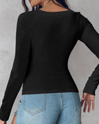 U-Neck Long-Sleeve Ribbed Top Featuring Integrated Bra Support