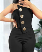 Asymmetrical Strapless Overalls with Metal Button Accents