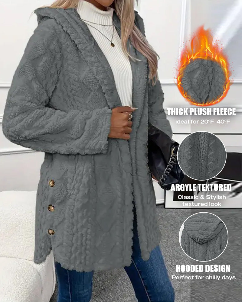 Argyle Hooded Teddy Coat with Buttoned Slits