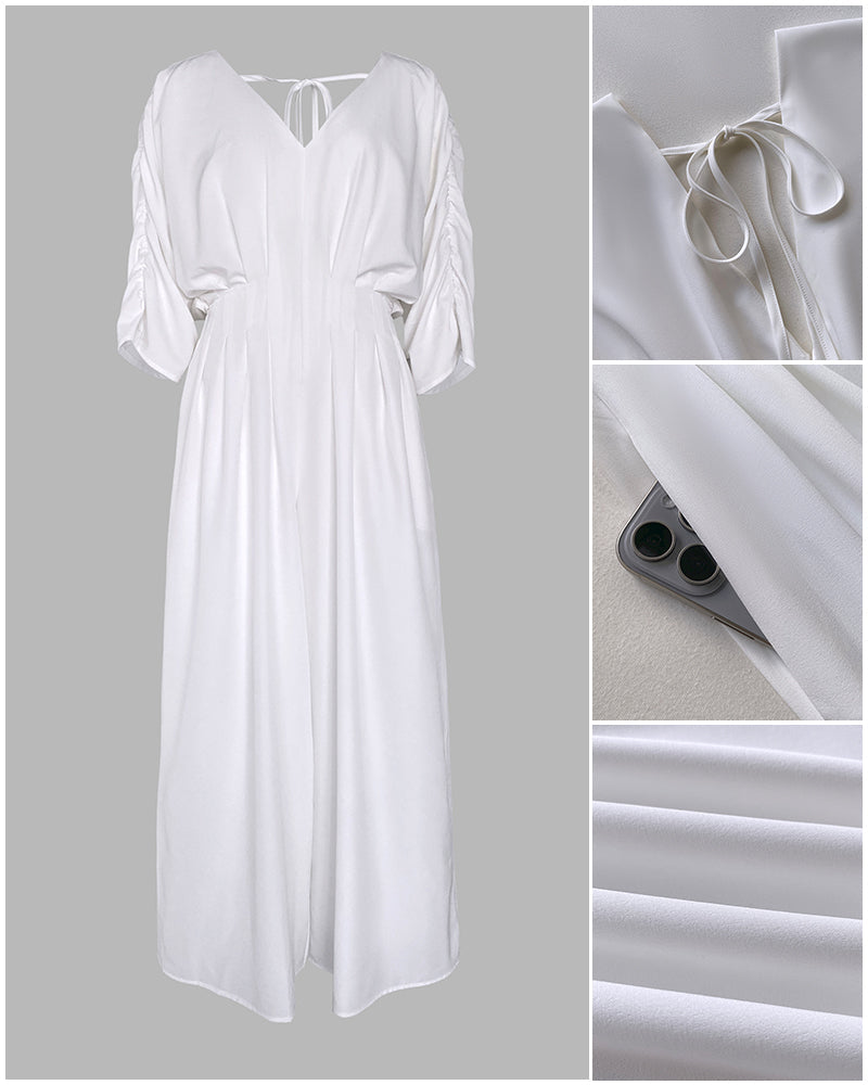 Deep V-Neck Jumpsuit with Ruched Sleeves and Waist Ties