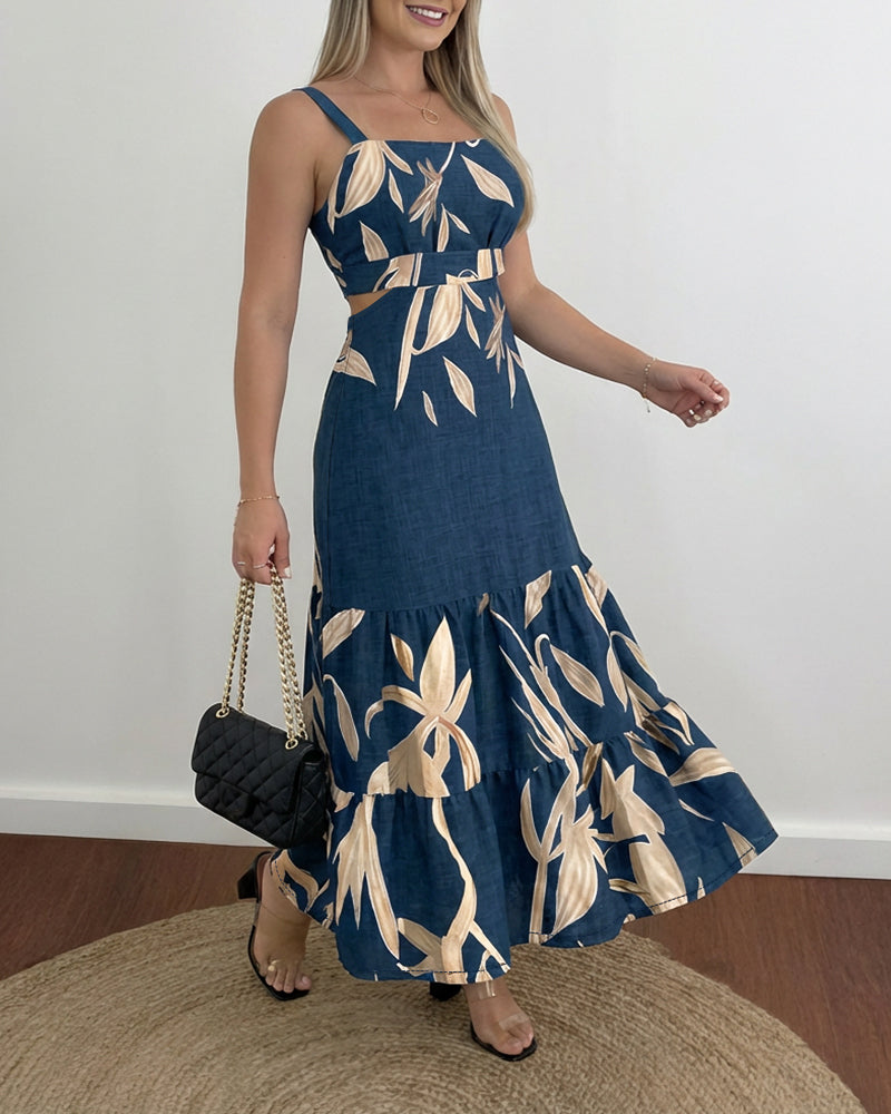 Ruffle Hem Maxi Dress with Adjustable Strap and Waist Cutout