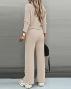 2-Piece V-Neck Button Top and Straight Leg Casual Pants Set