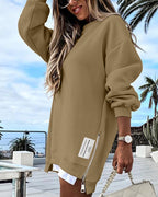 Drop Shoulder Zip-Side Long Sleeve Pullover with Slit Detail.