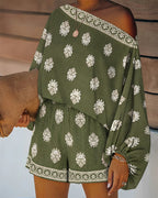 2-Piece Boho Set: Lantern Sleeve Top and Shorts Outfit