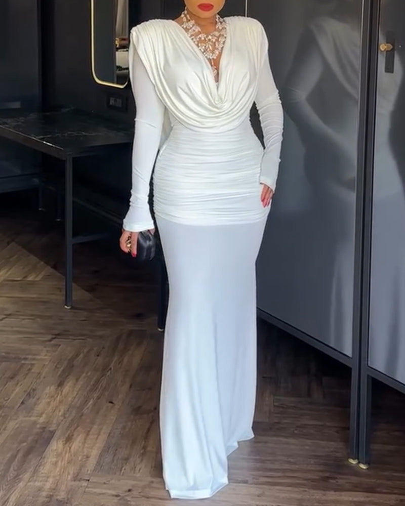 Padded Shoulder Cowl Neck Ruched Backless Maxi Dress