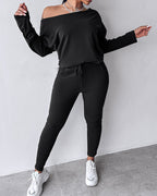 2-Piece Asymmetrical Neck Sweater and Drawstring Slim-Fit Pants Set