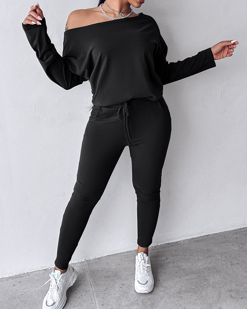 2-Piece Asymmetrical Neck Sweater and Drawstring Slim-Fit Pants Set
