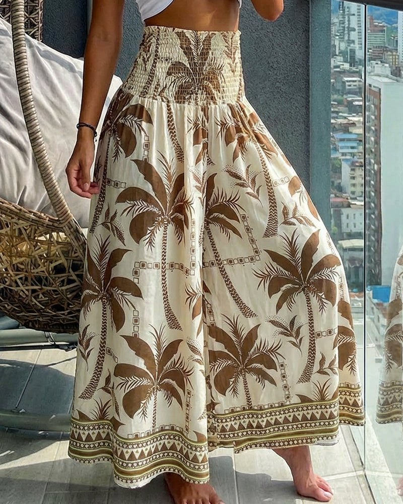 Vintage-Inspired Floral Shirred High-Waist Wide-Leg Pants