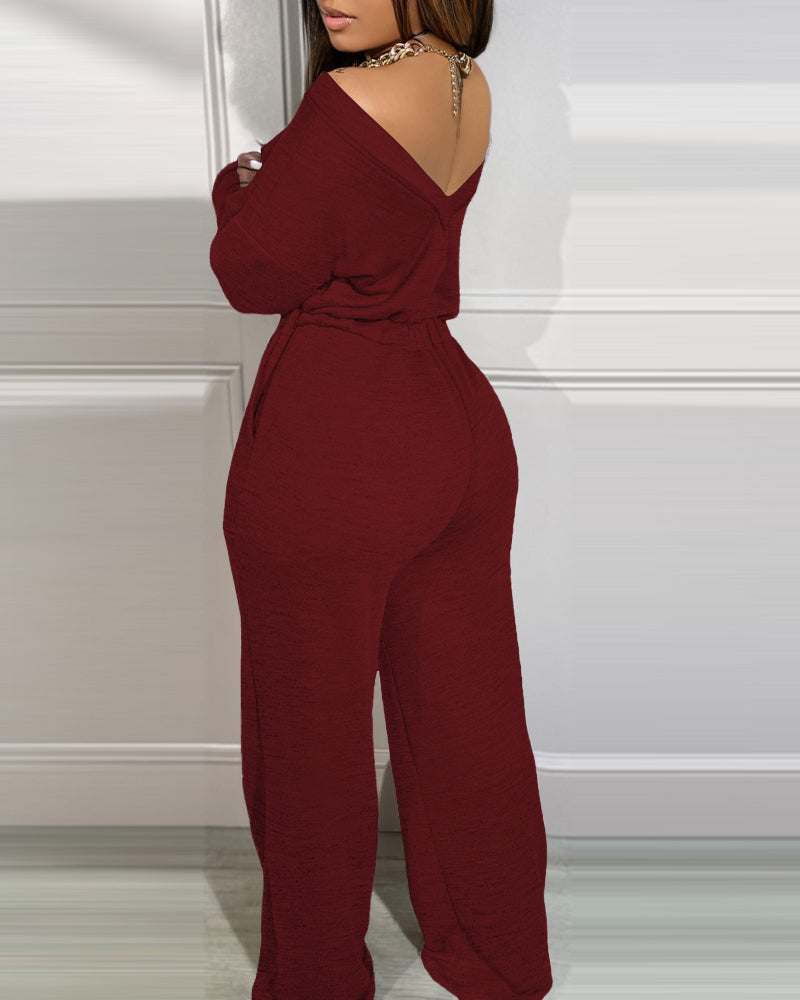 Off-Shoulder Jumpsuit with Elastic Waist, Pockets, and V-Back Design