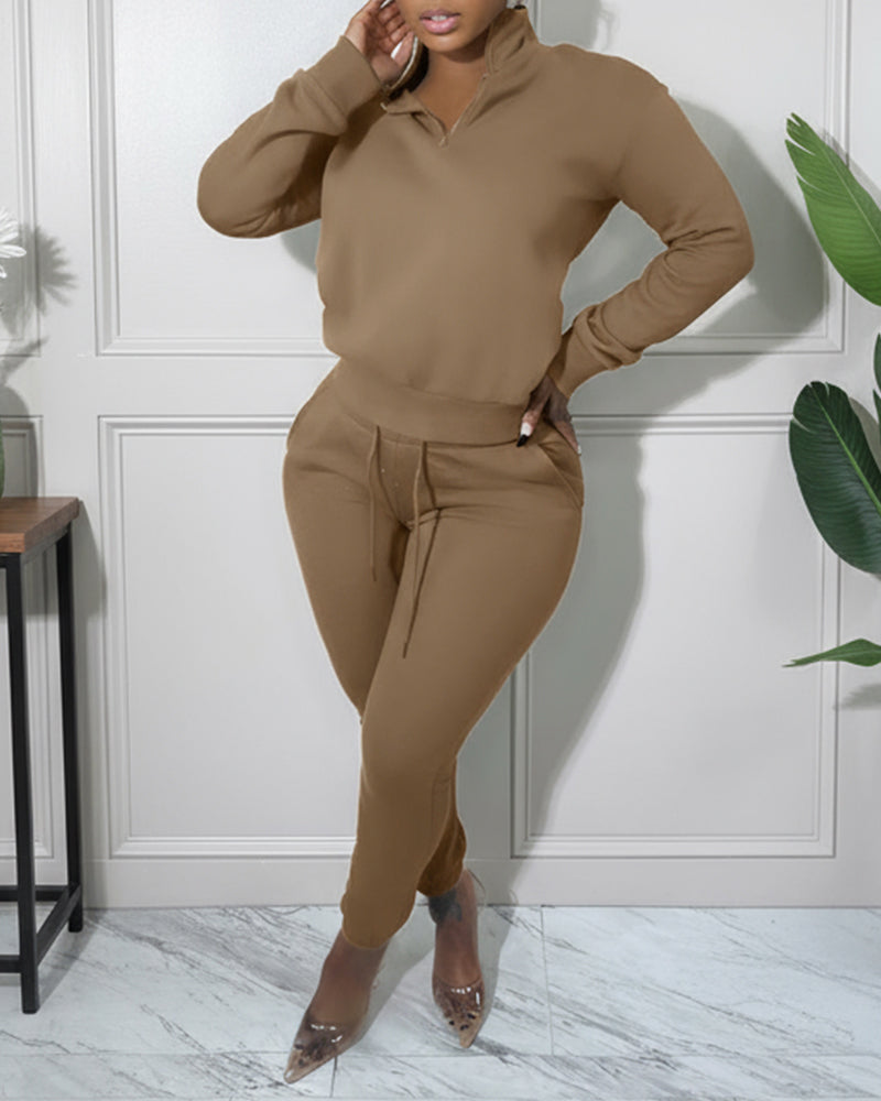 2-Piece Half-Zip High Neck Top and Drawstring Joggers Set