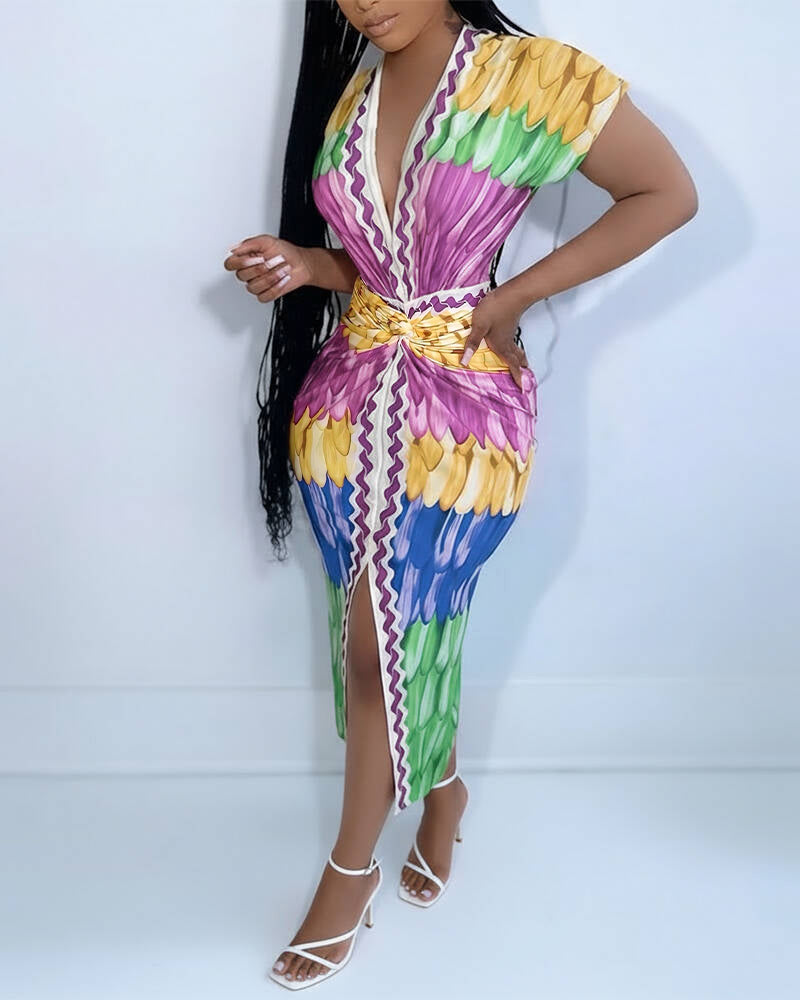 Colorful Deep V-Neck Dress with Slit and Twisted Waist Detail