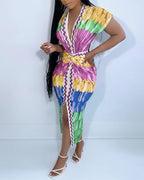 Colorful Deep V-Neck Dress with Slit and Twisted Waist Detail